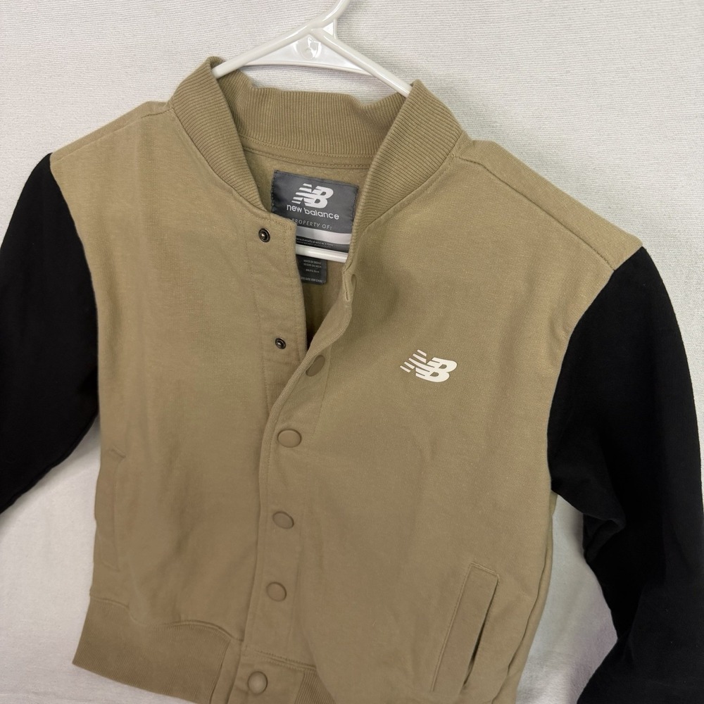 New Balance Boys Varsity Letterman Jacket Tan Black Medium (10/12)